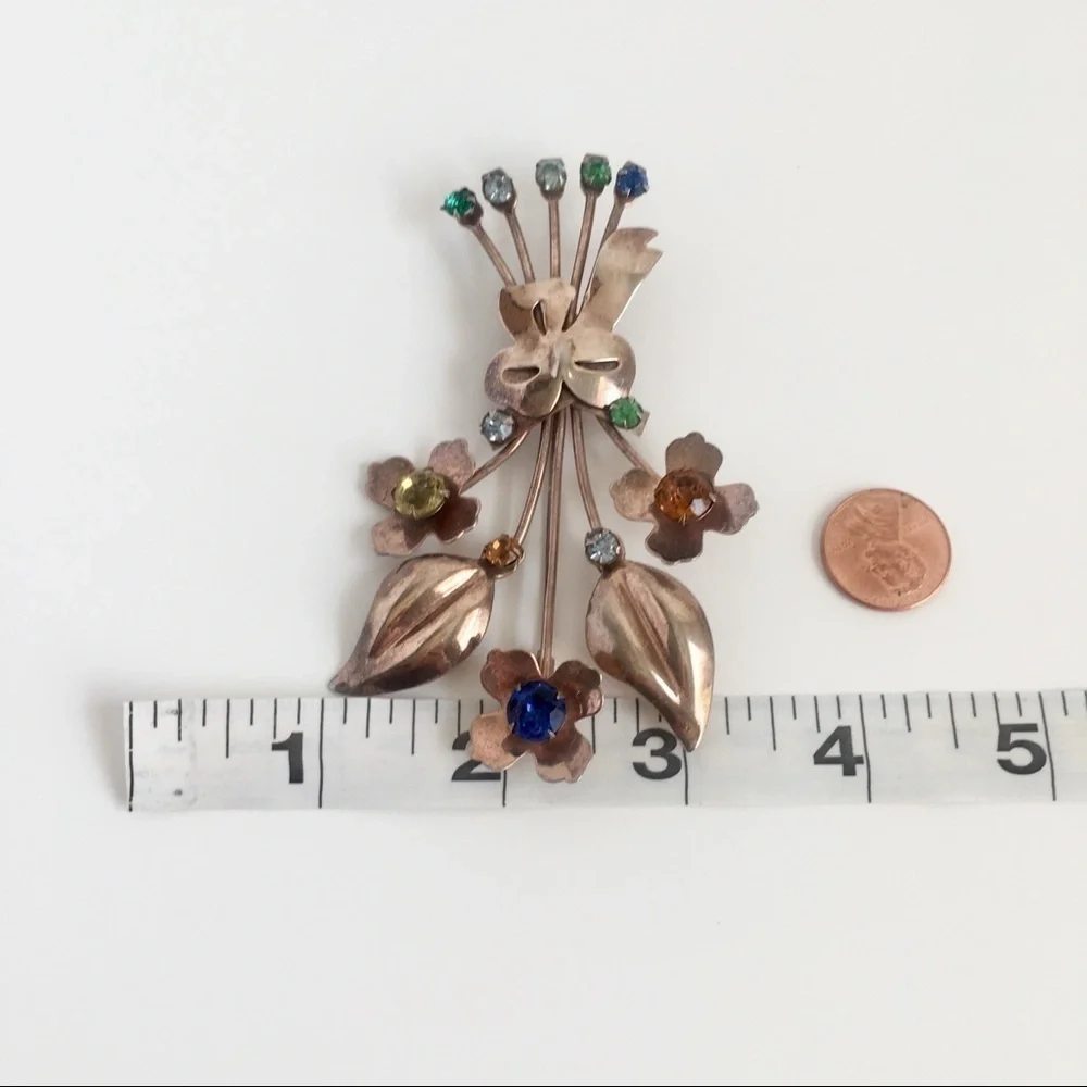 Art Deco Gold Vermeil Brooch‎ Sterling Silver Flower Spray Pin Floral Rhinestone